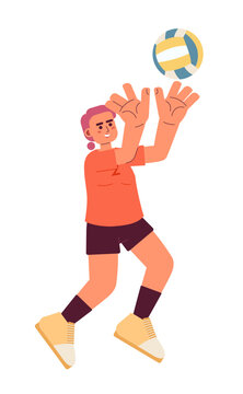 Strong asian girl tossing ball semi flat color vector character. Playing volleyball. Training. Editable full body person on white. Simple cartoon spot illustration for web graphic design