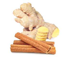 ginger root and cinnamon isolated on white background