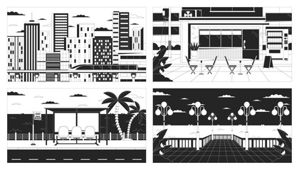 Dusk city life black and white lo fi aesthetic wallpapers set. Urban storefront, bus stop, waterfront outline 2D vector cartoon cityscape illustrations collection, monochrome lofi background