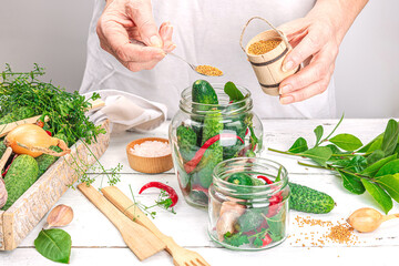 Preserved season vegetable concept. Harvest of tomato, chili, greens, onion and garlic