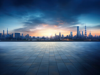 Perspective view of empty floor and modern rooftop building with cityscape scene