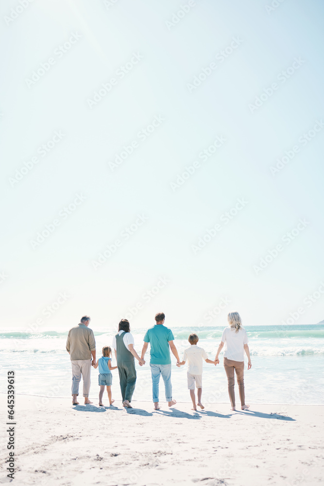 Sticker Big family, beach and summer vacation on mockup in travel, outdoor holiday or together on sunny day. Rear view of parents, grandparents or kids on ocean coast in fun bonding or break at sea in nature