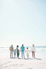 Big family, beach and summer vacation on mockup in travel, outdoor holiday or together on sunny day. Rear view of parents, grandparents or kids on ocean coast in fun bonding or break at sea in nature