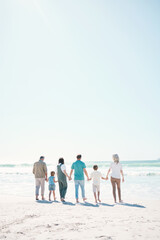 Big family, beach and summer vacation on mockup in travel, outdoor holiday or together on sunny...