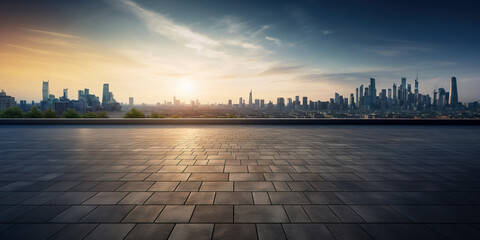 Perspective view of empty floor and modern rooftop building with cityscape scene