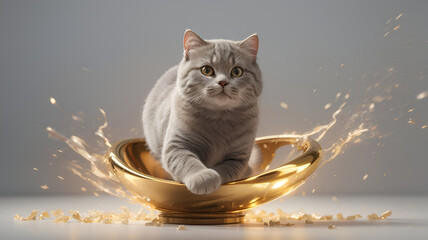 Ai generative 3d render of short hair british cat with gold accessories and isolated background