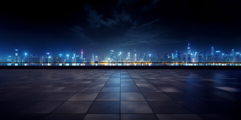 Perspective view of empty floor and modern rooftop building with cityscape scene - Powered by Adobe