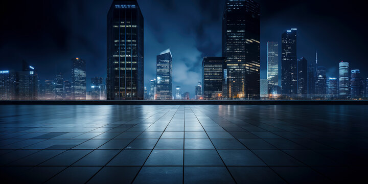 Perspective view of empty floor and modern rooftop building with cityscape scene