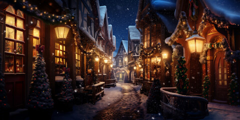 Fototapeta na wymiar Snowy fairytale street in a medieval old european town in winter, Christmas decor with Christmas trees and vintage lights at night