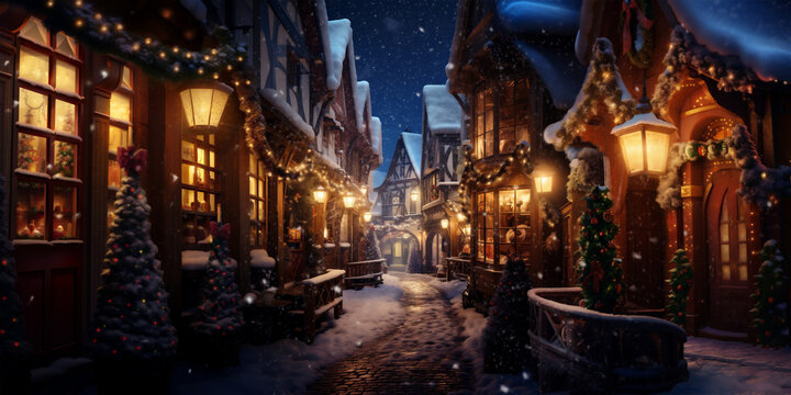 Snowy fairytale street in a medieval old european town in winter, Christmas decor with Christmas trees and vintage lights at night