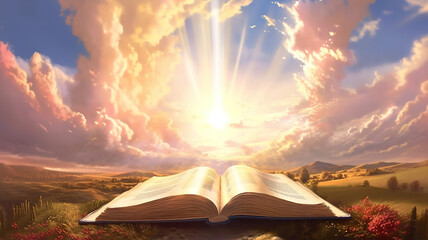 Bible illustration open book landscape art paradise sun light prayer jesus god Divine. Generative Ai