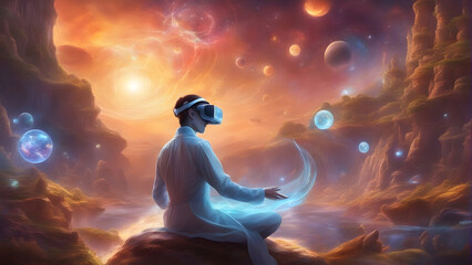 Virtual reality headset transports man to another universe. Metaverse Technology. Generative AI
