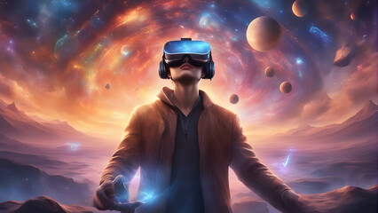 Man using virtual reality technology as a way to experience space travel. Generative AI
