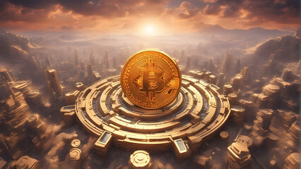 Highly detailed and 3D rendered image of a massive Bitcoin emerging from a futuristic digital landscape. Generative AI