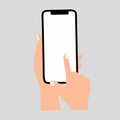 Obraz na płótnie Canvas Hand holding mobile phone with white screen set in flat style isolated