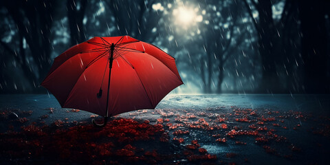 Red umbrella lying on road outdoors in the rain,A red umbrella in the rain HD wallpaper 