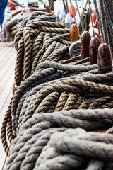 Fototapeta na wymiar yachting rope on wooden pen