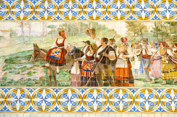 Old tile decoration in the Sao Bento railway station (1904) in Porto, Portugal