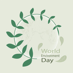 The world environment day concept design that is environmentally friendly with leaves surrounding the earth ,vector illustration with green text on World Environment Day .
