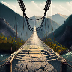 suspension bridge over the river - obrazy, fototapety, plakaty