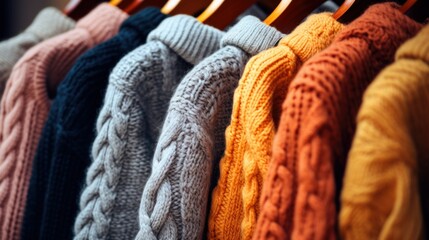 Cozy comfort fashion wardrobe Autumn 2023, What To Wear This Fall. Many autumn colors warm knitwear sweater, knitted clothes hanging on hangers in the closet. - Powered by Adobe