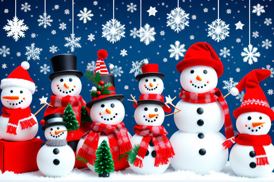 Snowman and Christmas trees. Christmas image generative AI.	
