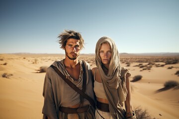 man and a woman standing in the middle of a desert