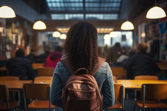 Vue de dos d'une &eacute;tudiante noire dans une salle de classe &raquo; IA g&eacute;n&eacute;rative