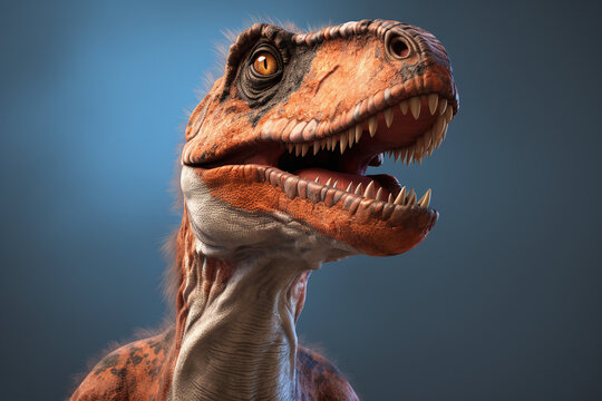 Gros plan d'un dinosaure sur fond bleu &raquo; IA g&eacute;n&eacute;rative