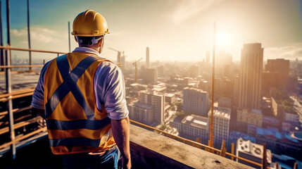 construction worker from the roof of a house under construction inspects the city at sunset. Generative Ai