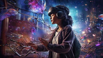 Naklejka premium Metaverse Business Dynamics: Avatars Engaging in Virtual Commerce - Illuminating the Digital Economy Frontier