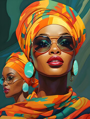 portrait illustration of two black fashion models wearing sunglasses and headscarves