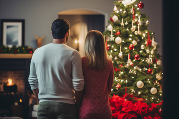Fototapeta premium Vue de dos d'un couple devant un sapin de noël » IA générative