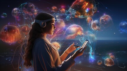 Naklejka premium Metaverse Business Dynamics: Avatars Engaging in Virtual Commerce - Illuminating the Digital Economy Frontier