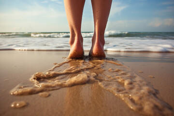 Vue de dos de pieds au bord de l'eau d'une plage » IA générative - obrazy, fototapety, plakaty