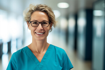 Fototapeta premium Portrait of smiling female doctor with eyeglasses in hospital corridor