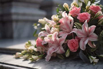 Fotobehang Bouquet de fleurs roses sur une tombe en marbre » IA générative © Maelgoa