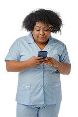 young afro latin woman nurse standing using her phone, vertical image on white background