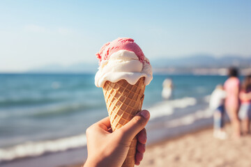 Gros plan d'une main tenant un cornet de glace fraise / vanille à la plage » IA générative - obrazy, fototapety, plakaty