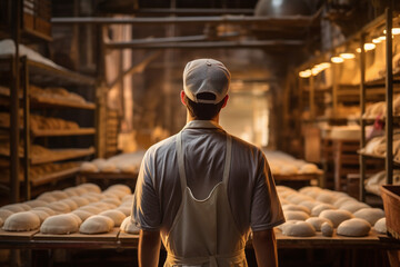 Vue de dos d'un boulanger préparant le pain dans sa boulangerie » IA générative - obrazy, fototapety, plakaty