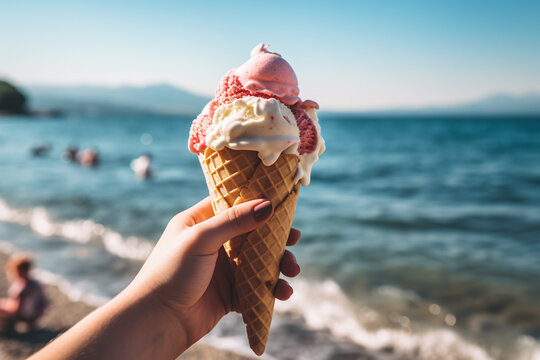 Jeune femme tenant un cornet de glace fraise / vanille &agrave; la plage &raquo; IA g&eacute;n&eacute;rative