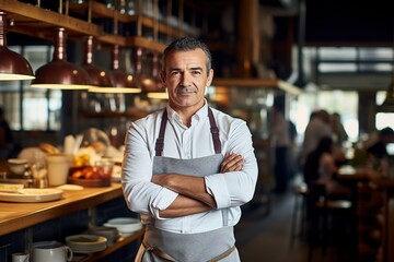Obraz premium restaurant owner businessman standing in a kitchen