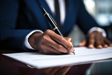 Businessman noir signant un contrat dans son bureau » IA générative