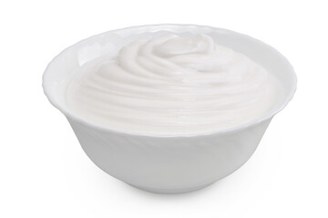 sour cream or yogurt in ceramic bowl isolated on white background with full depth of field