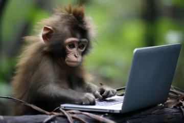Deurstickers monkey using laptop © mongkeyD
