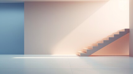 An empty room with a staircase and a blue wall