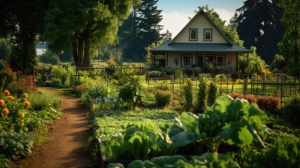 Obraz premium A small house in cafe style but full of happiness of nature, forest, mountains, white mist, there is a vegetable garden in front of the house.