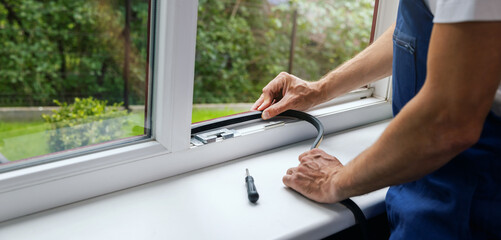 worker installing sealing tape on plastic window frame. banner with copy space - 645347895