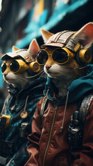 Cyberpunk Street Cat Gangs in Techwear on the Prowl of Futuristic Neon Lit City at Night Digital Art Download