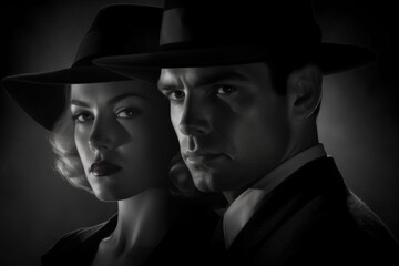 Man and woman wearing a hat and a suit characterized as a classic detective or gangster look. Noir movie, portrait of 40s detectives.